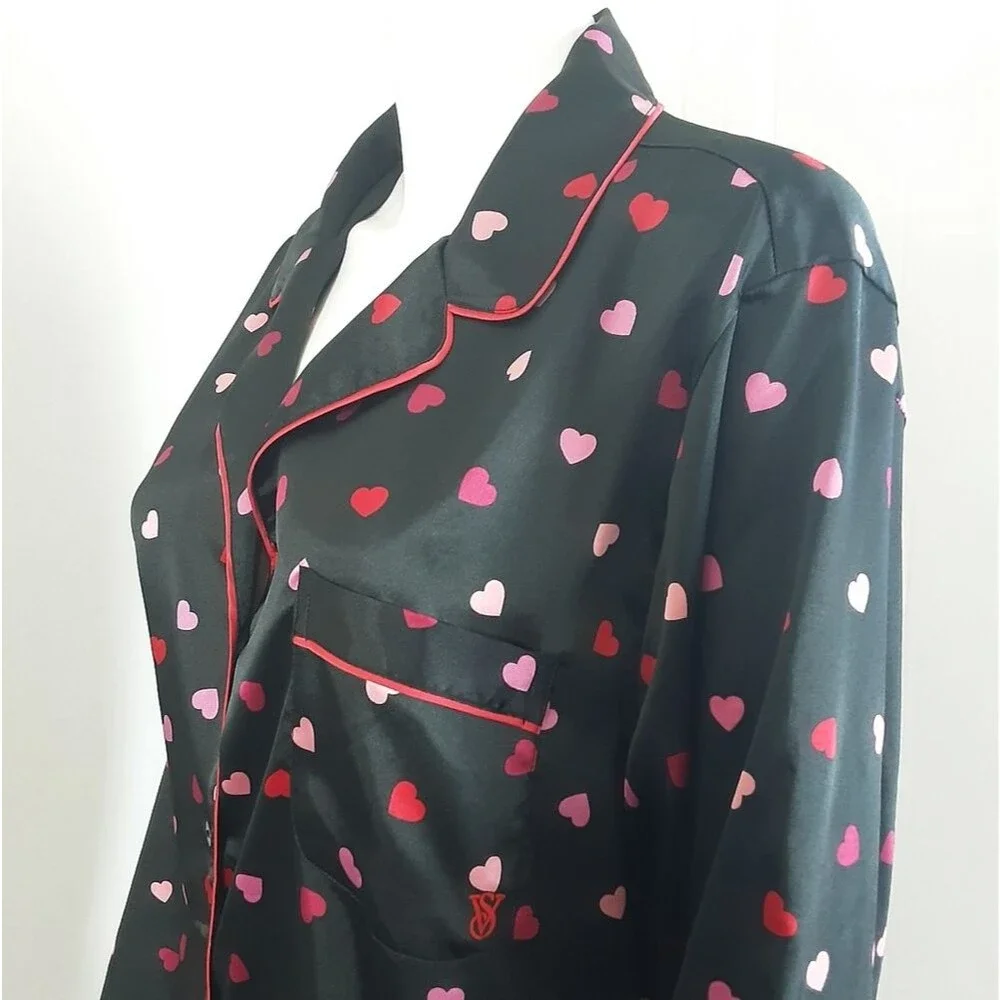 VICTORIA'S SECRET Black Satin Pink Hearts Pajama Shirt Sz XL